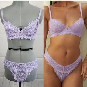 Savage X Fenty Floral Lace Unlined Bra & Cheeky Panty (Small) Set in Purple 32B